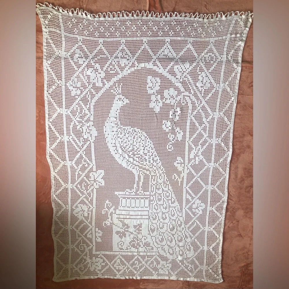Vintage Crochet Peacock Textile Tapestry / Dapple Curtain 49x75